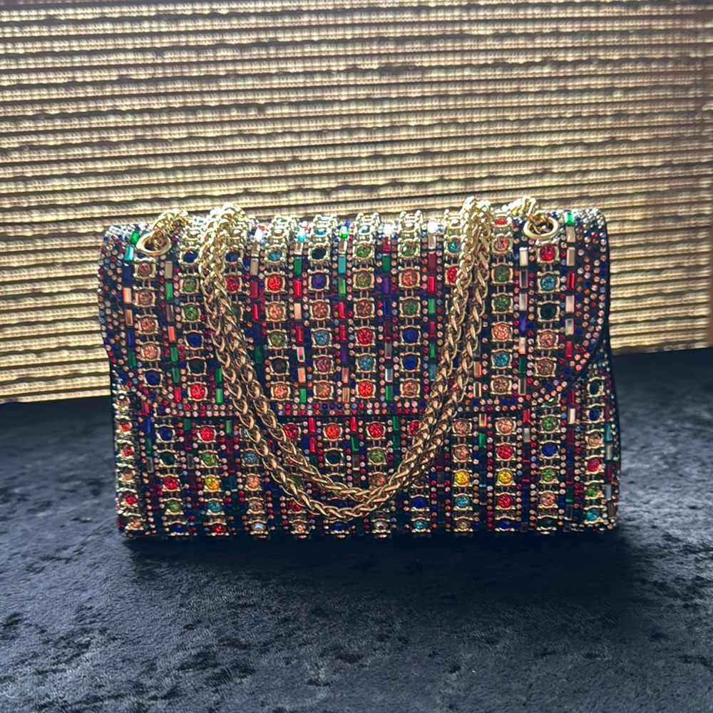 NEW Rhinestone Multicolored Bag w/Gold Chain